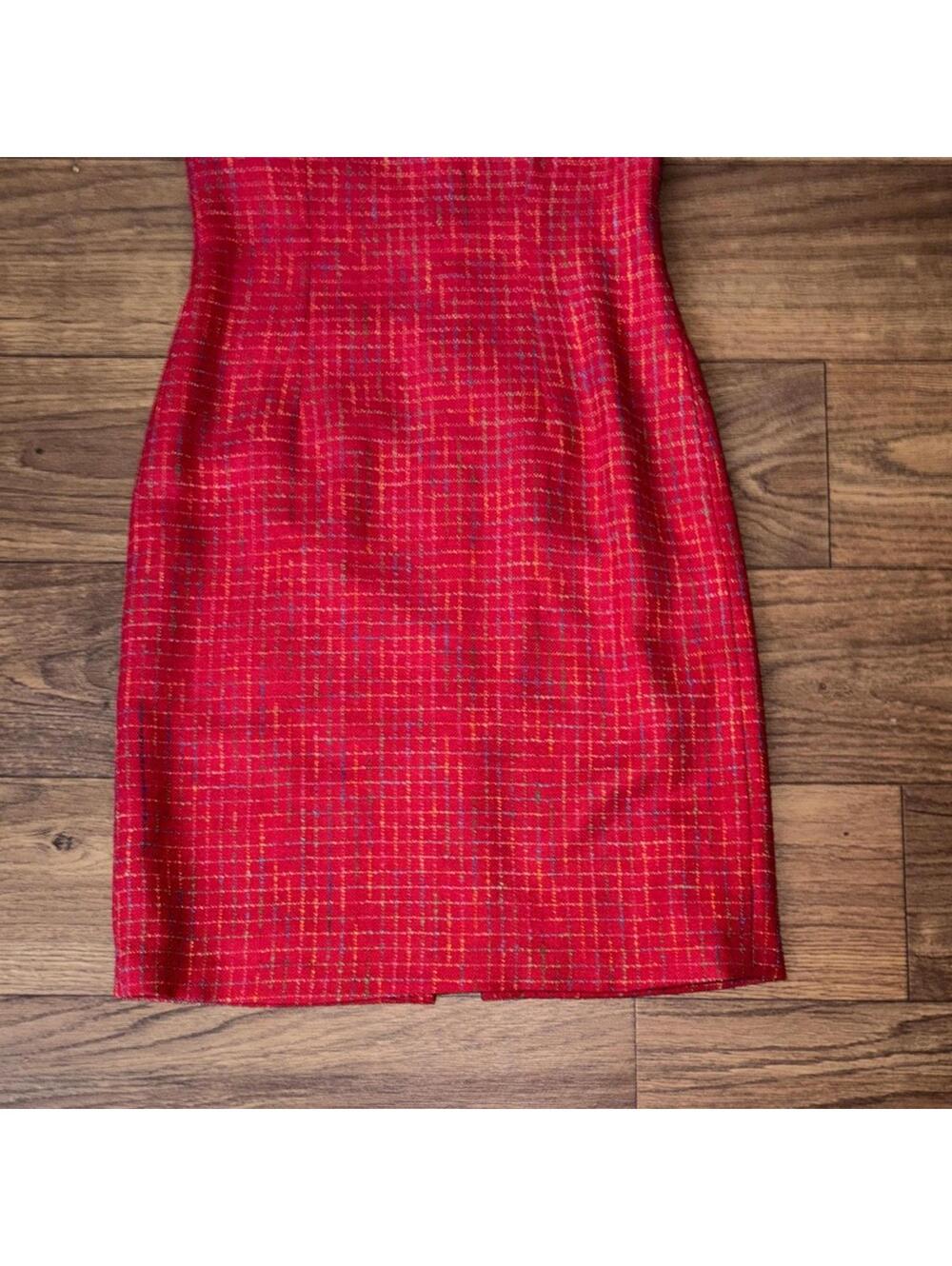 Red Colorful Tweed Plaid Sleeveless Dress Jacket Set Teacher Preppy - Picture 4 of 13